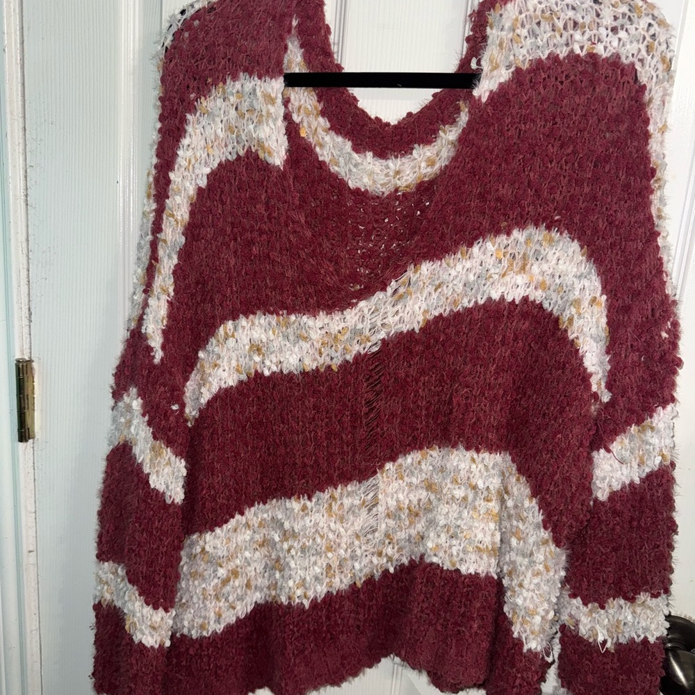 SHEIN Burgundy and Cream Knit Poncho